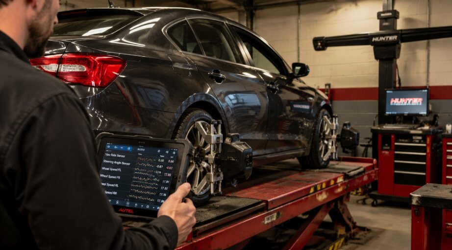 Technician performing wheel alignment on a gray sedan using sensors and a diagnostic tablet in Simon's Auto Repair.